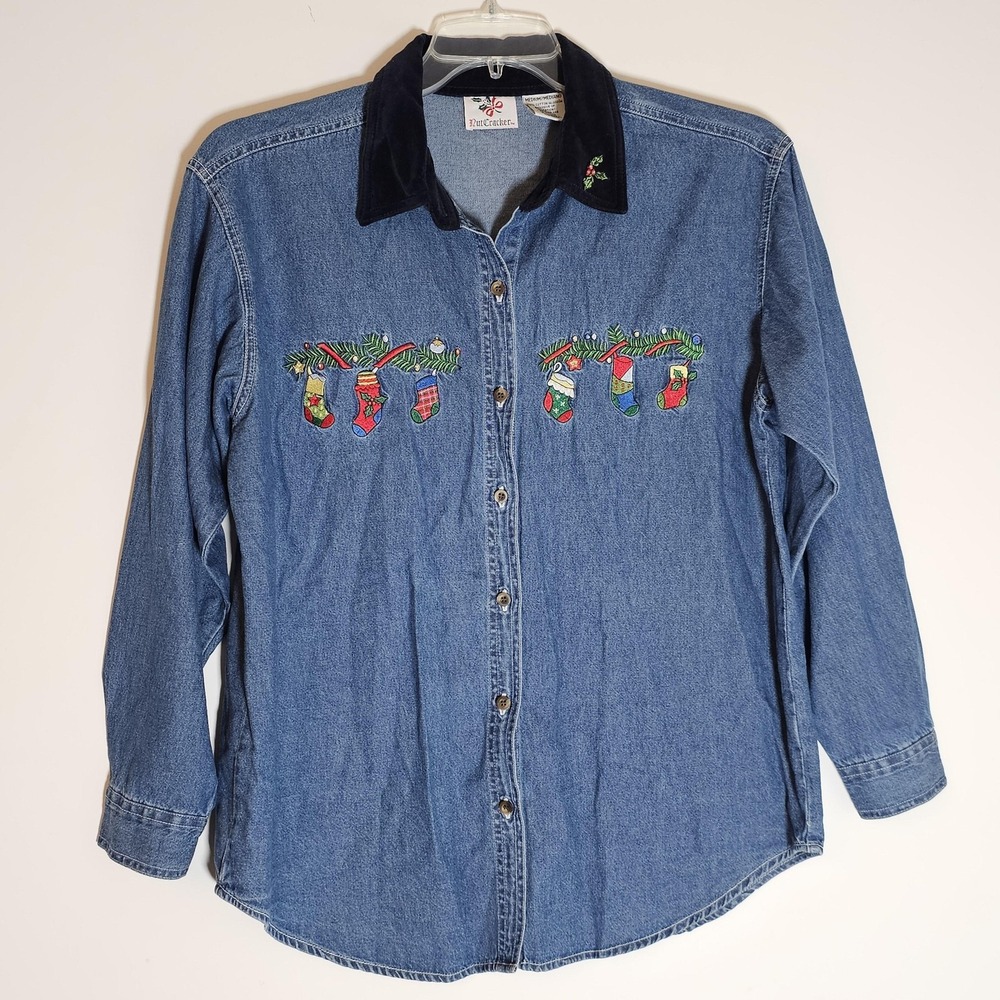 NutCracker‎ Shirt Womens Medium Christmas Embroidered Stockings Holiday Denim